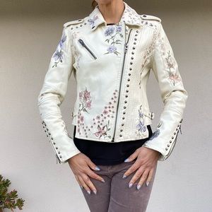 Embroidered White Leather Motorcycle Jacket BlankNYC